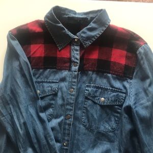 Denim and flannel long sleeve shirt